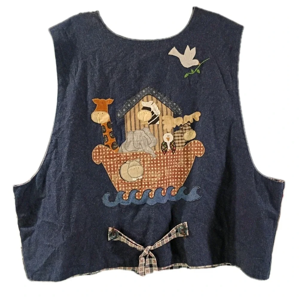 VTG Dorie 1997 Handmade Denim Inspired Noah's Ark Angel Vest With Buttons - Picture 2 of 8